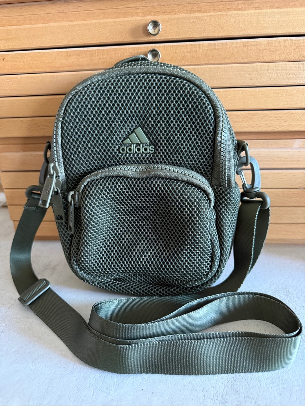 Adidas Olive Green Mesh Mini Crossbody Backpack Bag Utility Sporty Streetwear